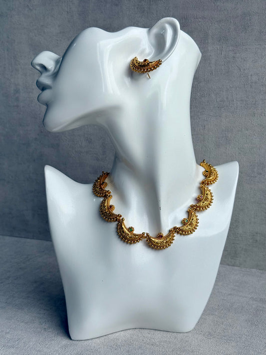 Ayura Designs Dhun Set – Necklace & Earrings with Antique Gold Crescent Motifs, Rani Pink & Emerald Detailing
