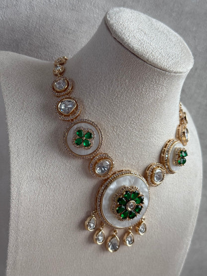 Ayura Designs Wisah Set with Necklace & Earrings – Emerald Green Floral Motifs with Mother of Pearl, Mirror-Cut Stones & Crystal Detailing