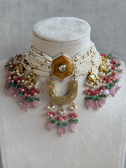 Ayura Designs Elizaar Meenakari Kundan Choker Set with Earrings – Blush Pink & Emerald Green Bead Detailing