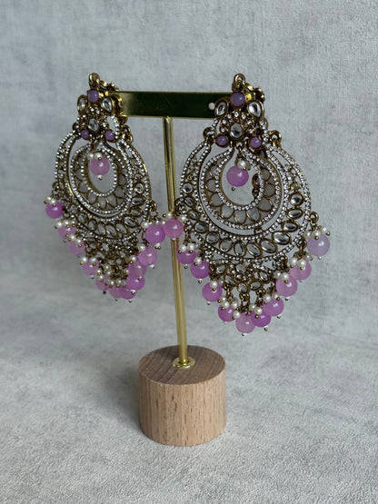 Ayura Designs Rabia Chandbalis – Antique Gold Kundan Earrings with Lilac Beads, Pearls & Attached Sahare