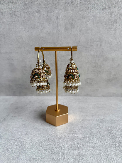 Ayura Designs Nakhra Balis – Emerald Triple Dome Earrings with Mirror-Cut Stones & Pearl Detailing