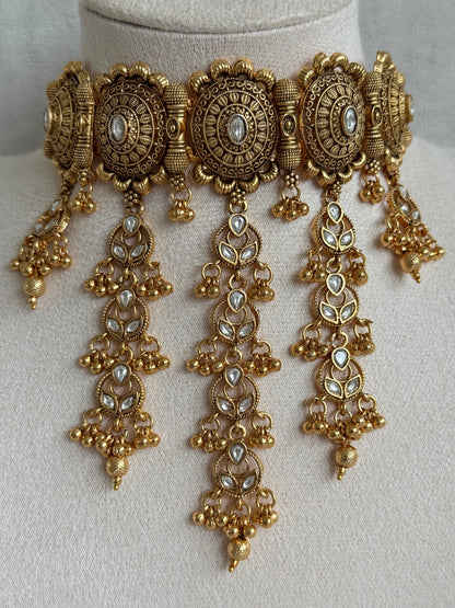 Ayura Designs Kabini Choker Set with Earrings – Gold Kundan Waterfall Choker with Ivory Pearls