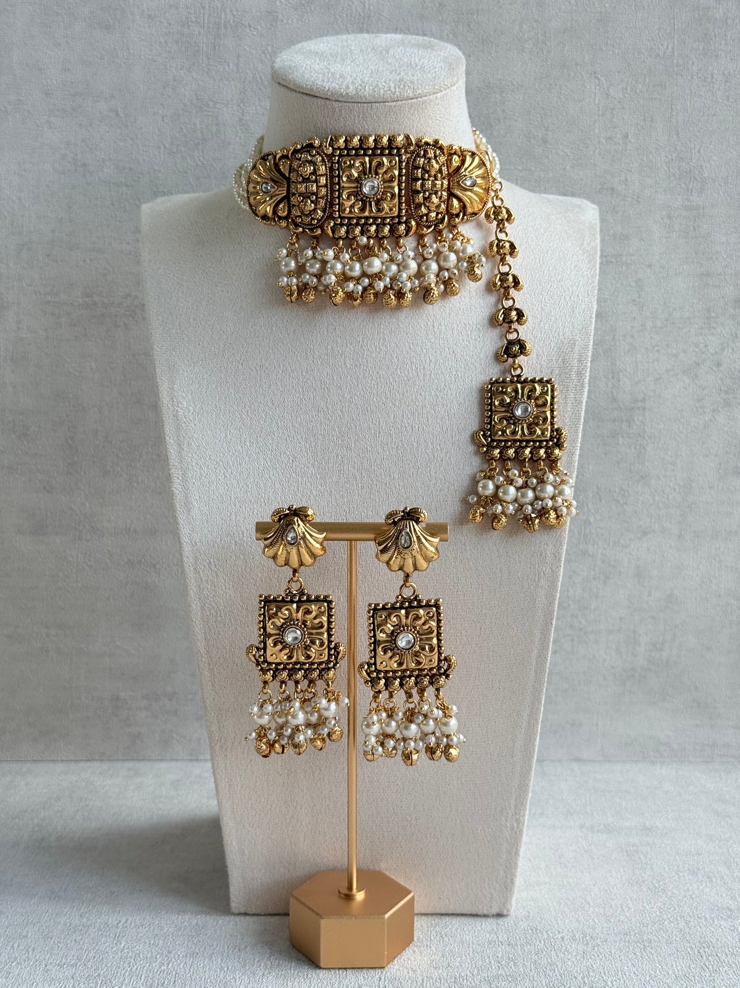 Ayura Designs Nabila Choker Set with Earrings & Tikka – Antique Gold Finish, Sea Shell Detailing, Pearls & Ghungroos