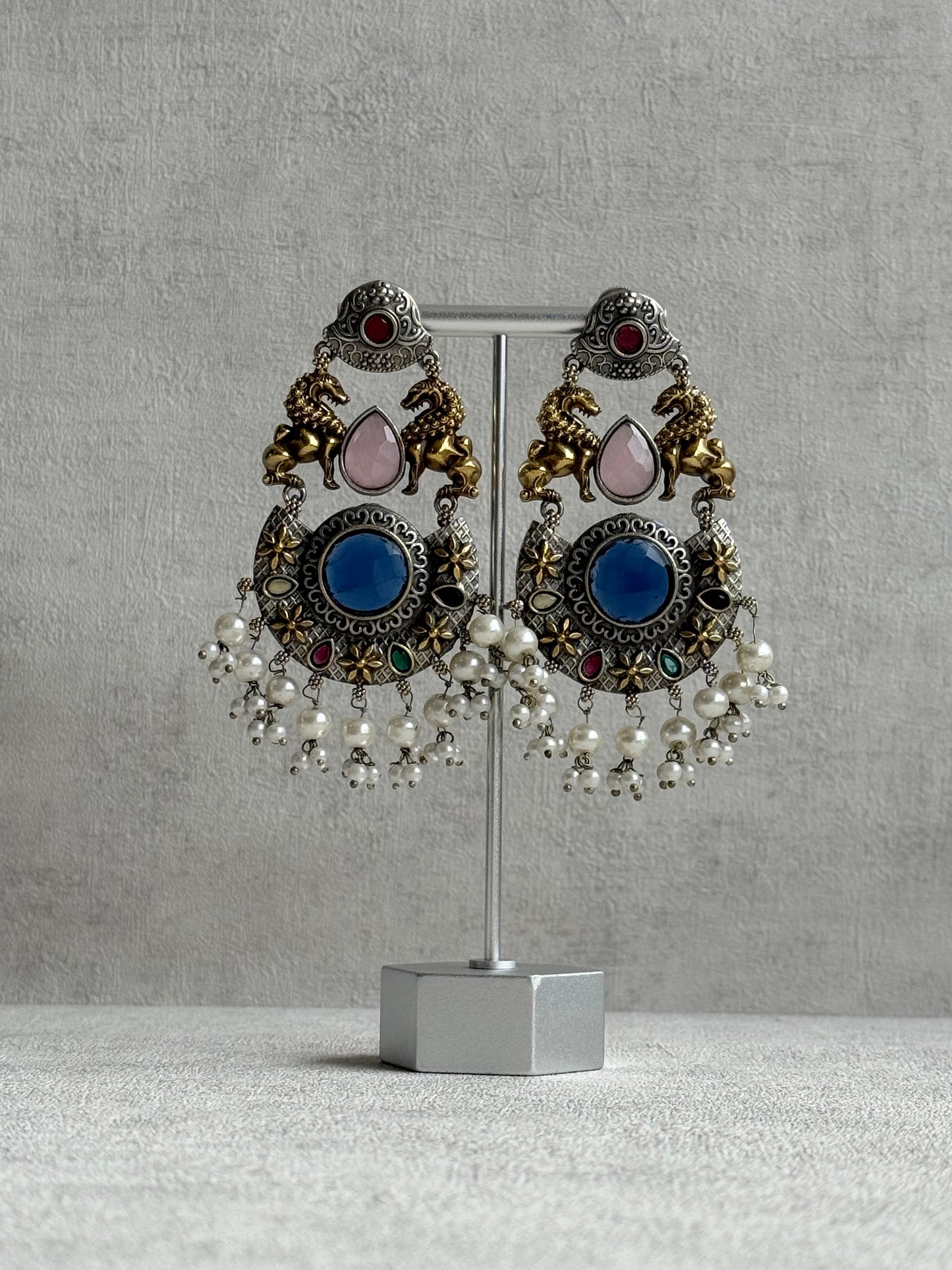 Ayura Designs Aangan Earrings – Dual Tone Oxidised Statement Earrings with Multicolour Stones & Pearl Clusters