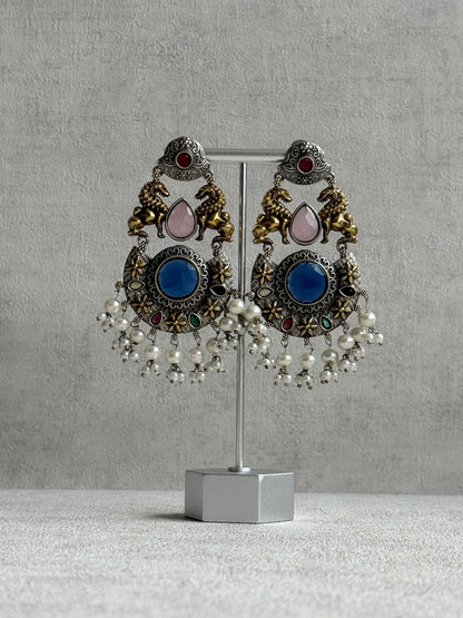 Ayura Designs Aangan Earrings – Dual Tone Oxidised Statement Earrings with Multicolour Stones & Pearl Clusters