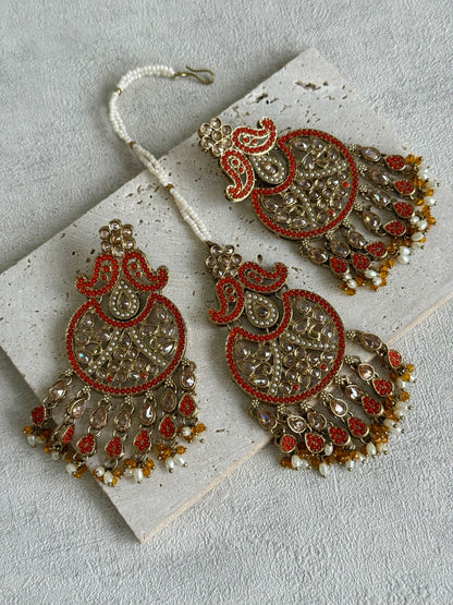 Ayura Designs Anvi Tikka Set with Earrings – Orange with Champagne Stones & Pearl Drops
