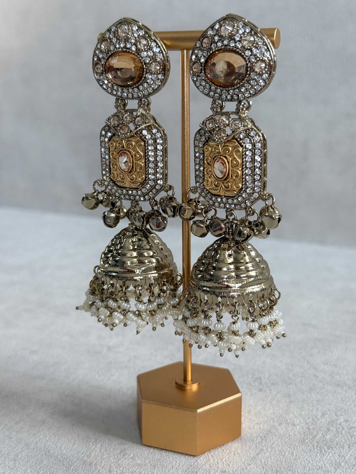 Ayura Designs Maara Jhumkis – Champagne Gold with Champagne Stones, Crystals, Ghungroos & Pearl Detailing