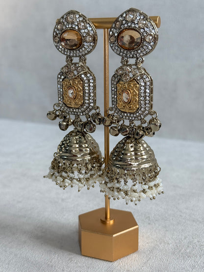 Ayura Designs Maara Jhumkis – Champagne Gold with Champagne Stones, Crystals, Ghungroos & Pearl Detailing