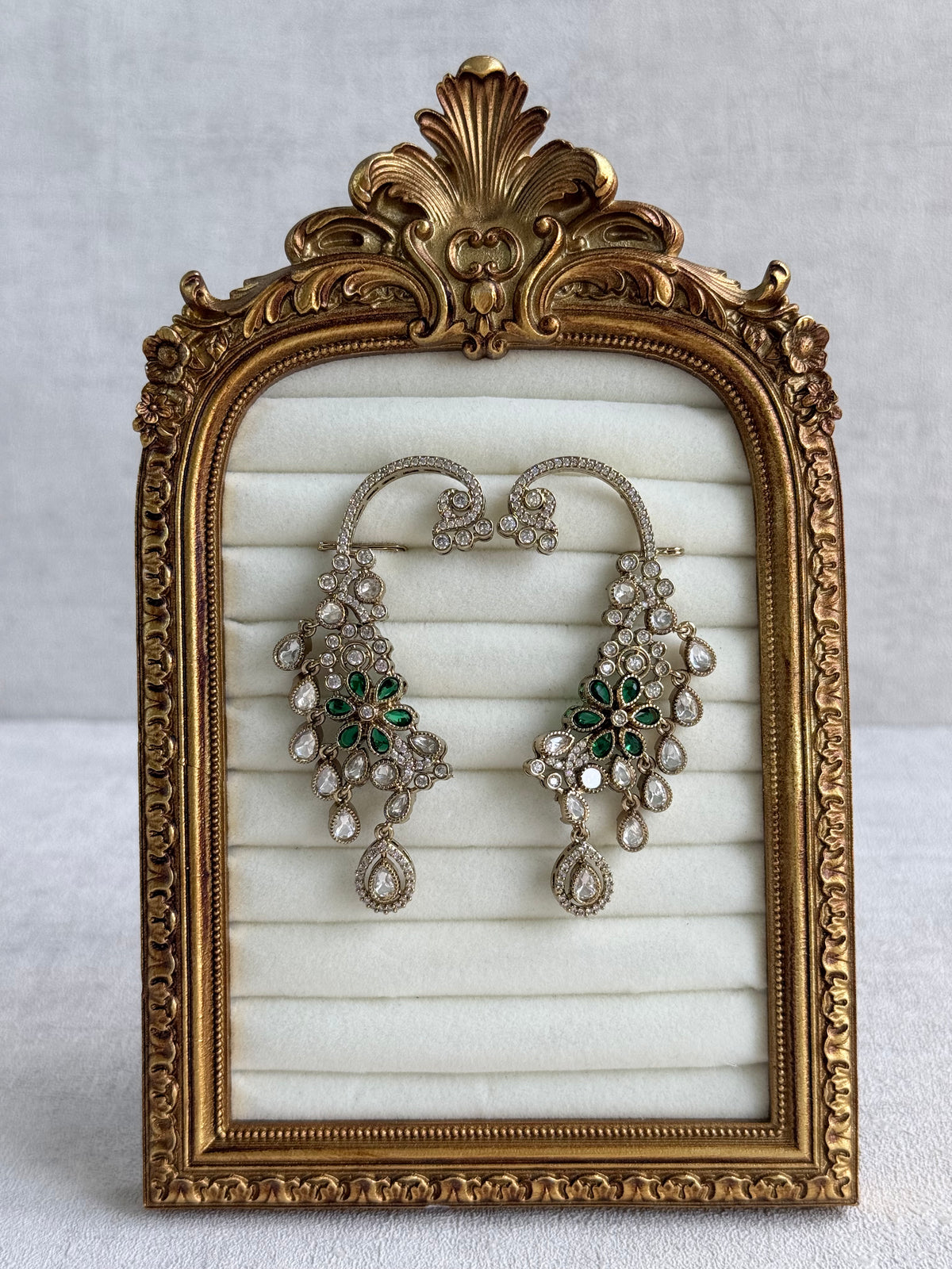 Ayura Designs Aksara Kaanphool Earrings – Emerald Green Stones, Kundan, Crystals & Antique Gold Finish