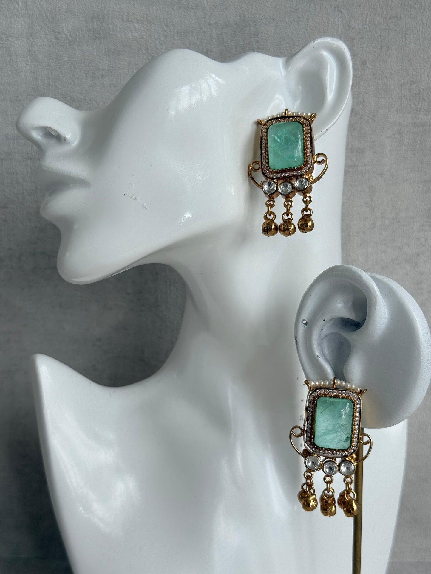 Ayura Designs Aleena Earrings – Aqua Jade Stone Stud Earrings with Pearls & Ghungroo Detailing