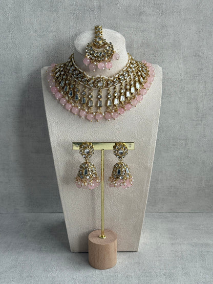 Ayura Designs Shaheen Set with Jhumkis & Tikka – Blush Pink Beads, Mirror Kundan & Gold Finish