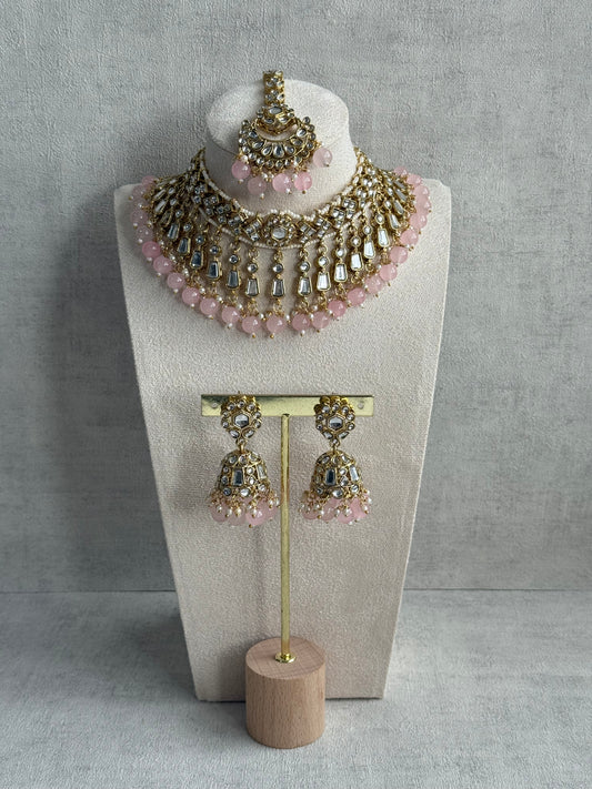 Ayura Designs Shaheen Set with Jhumkis & Tikka – Blush Pink Beads, Mirror Kundan & Gold Finish