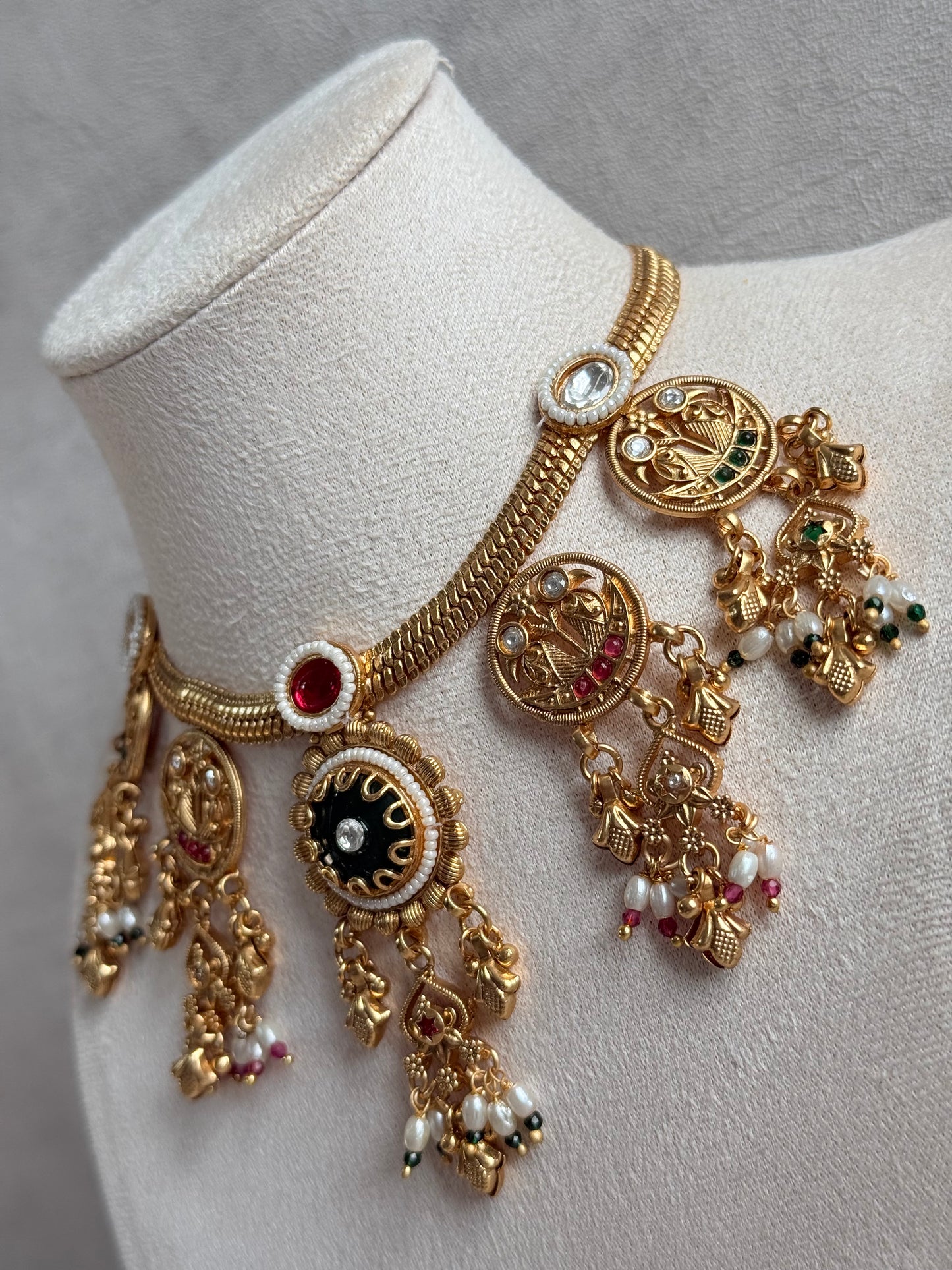 Ayura Designs Parchhai Necklace Set with Earrings – Ruby Red, Rose Pink & Emerald Green Stones, Bird Motifs & Pearl Detailing