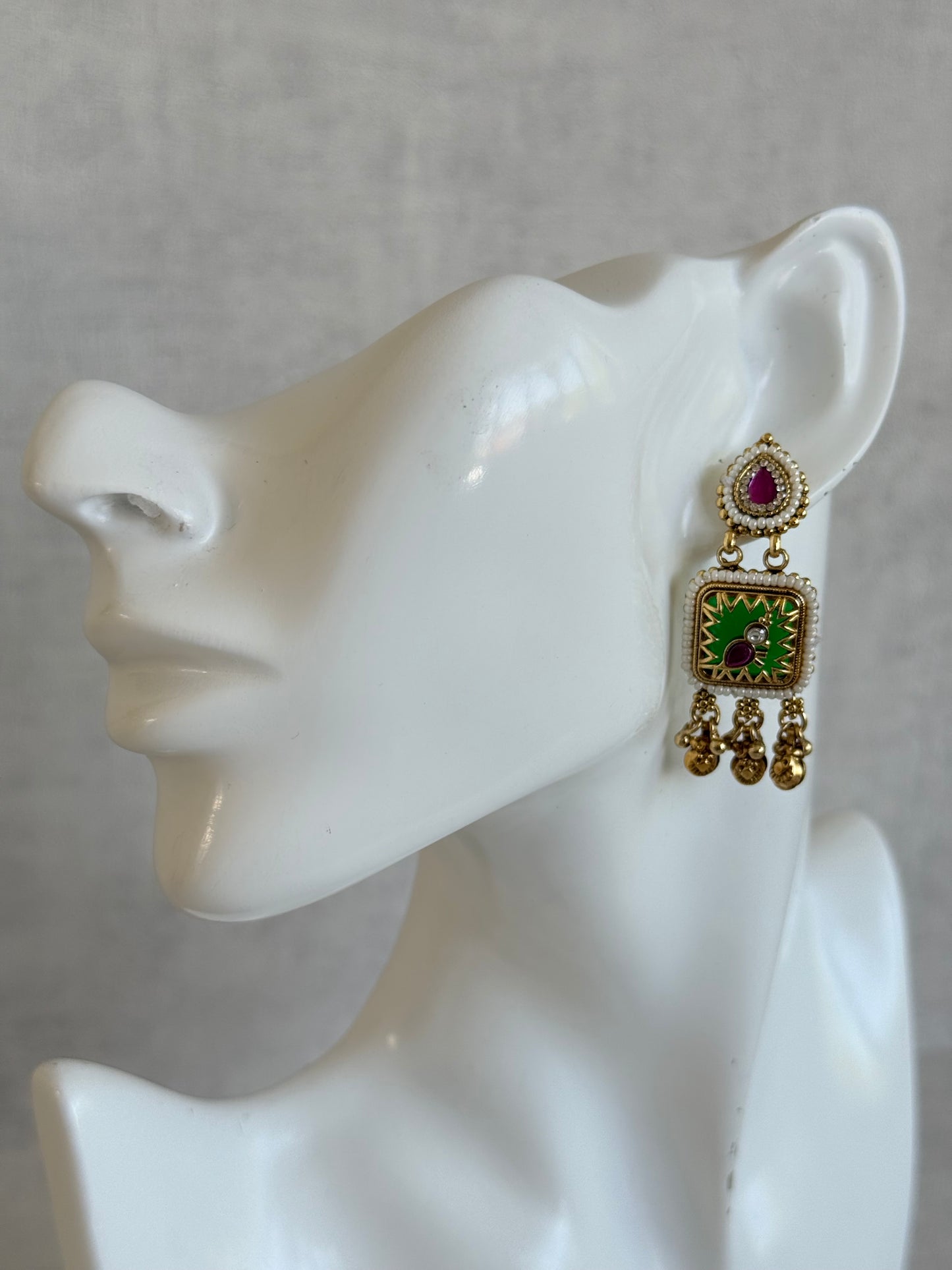 Ayura Designs Inira Drop Earrings – Emerald Green Enamel Bird Earrings with Rani Pink Kundan & Ghungroo Drops