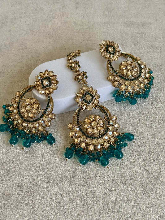 Ayura Designs Feroza Tikka & Earrings Set – Gold-Plated with Handcrafted Kundan Work, Teal Bead Droplets & Intricate Floral Motifs