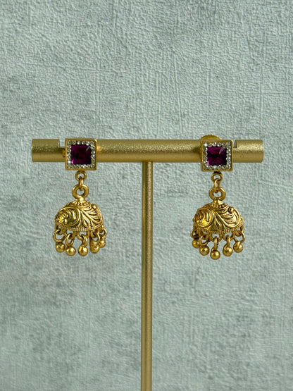 Ayura Designs Smita Set with Necklace & Earrings – Ruby Pink & Emerald Green Stones with Gold-Tone Ghungroo Detailing