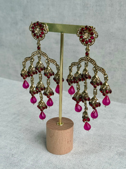 Ayura Designs Jasmine Earrings – Chandelier Earrings with Fuchsia Beads & Antique Gold Detailing