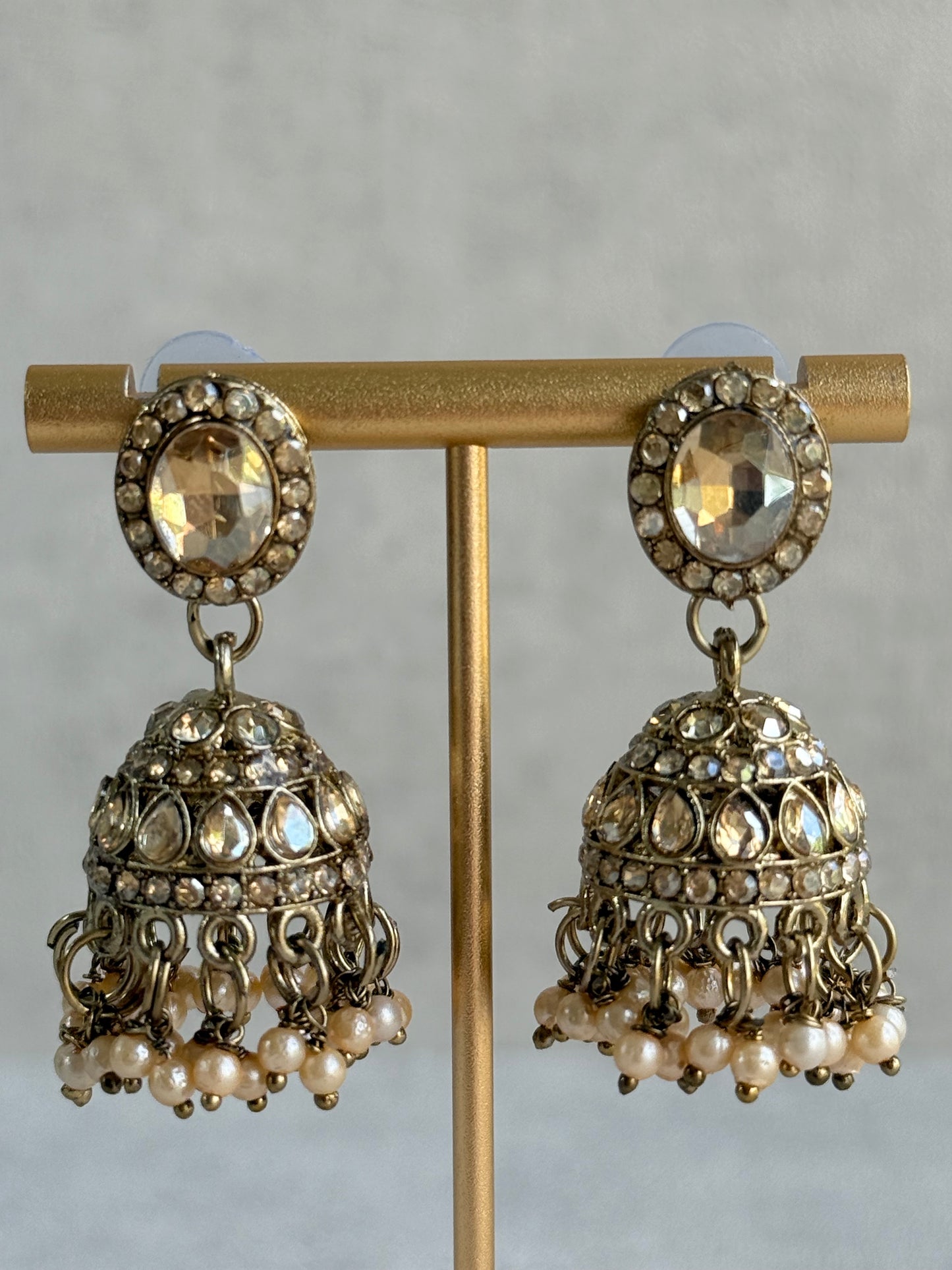 Ayura Designs Eira Necklace Set with Earrings & Tikka – Champagne Gold Crystal Stones with Antique Gold Finish