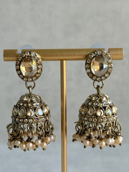 Ayura Designs Eira Necklace Set with Earrings & Tikka – Champagne Gold Crystal Stones with Antique Gold Finish