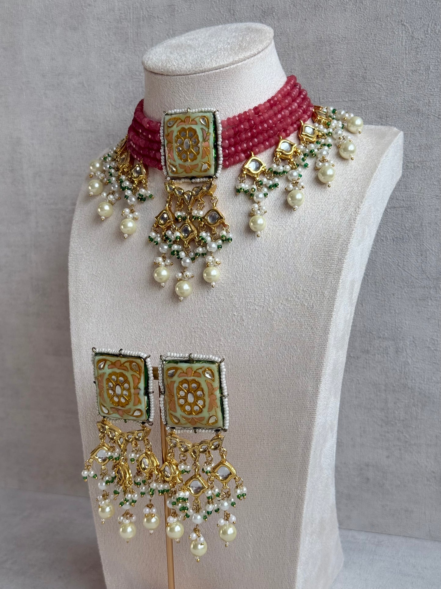 Ayura Designs Sabeera Meenakari Kundan Choker Set with Earrings – Blush Pink Beads & Pearl Detailing