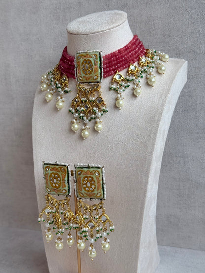Ayura Designs Sabeera Meenakari Kundan Choker Set with Earrings – Blush Pink Beads & Pearl Detailing