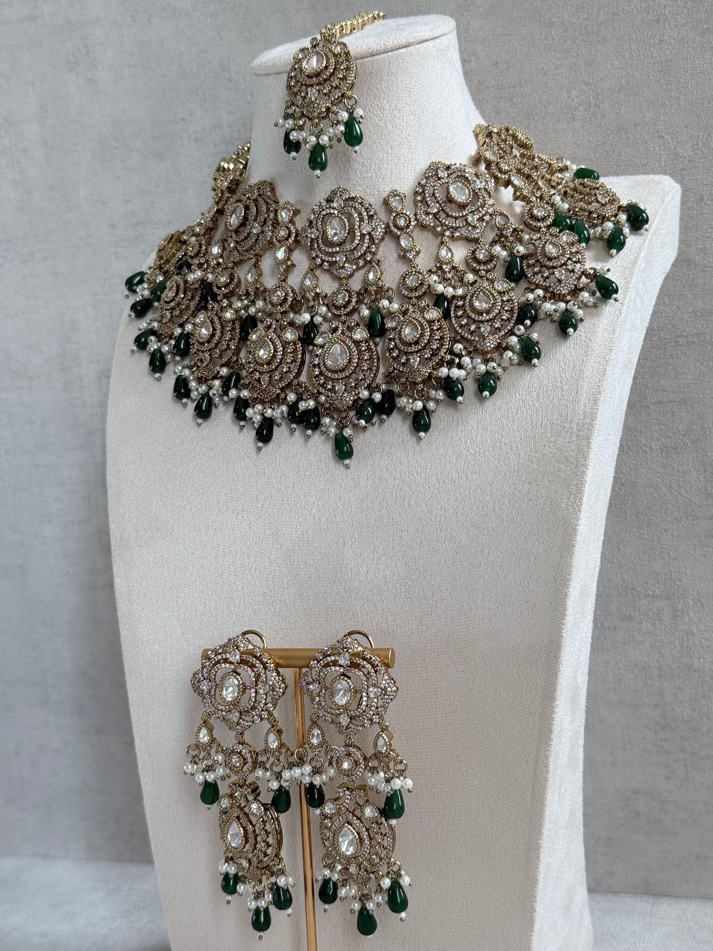 Ayura Designs Fazal Set with Necklace, Earrings & Tikka – Emerald Green Drops, Pearl Detailing & Moissanite Stonework