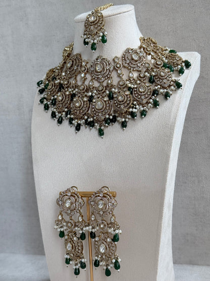 Ayura Designs Fazal Set with Necklace, Earrings & Tikka – Emerald Green Drops, Pearl Detailing & Moissanite Stonework