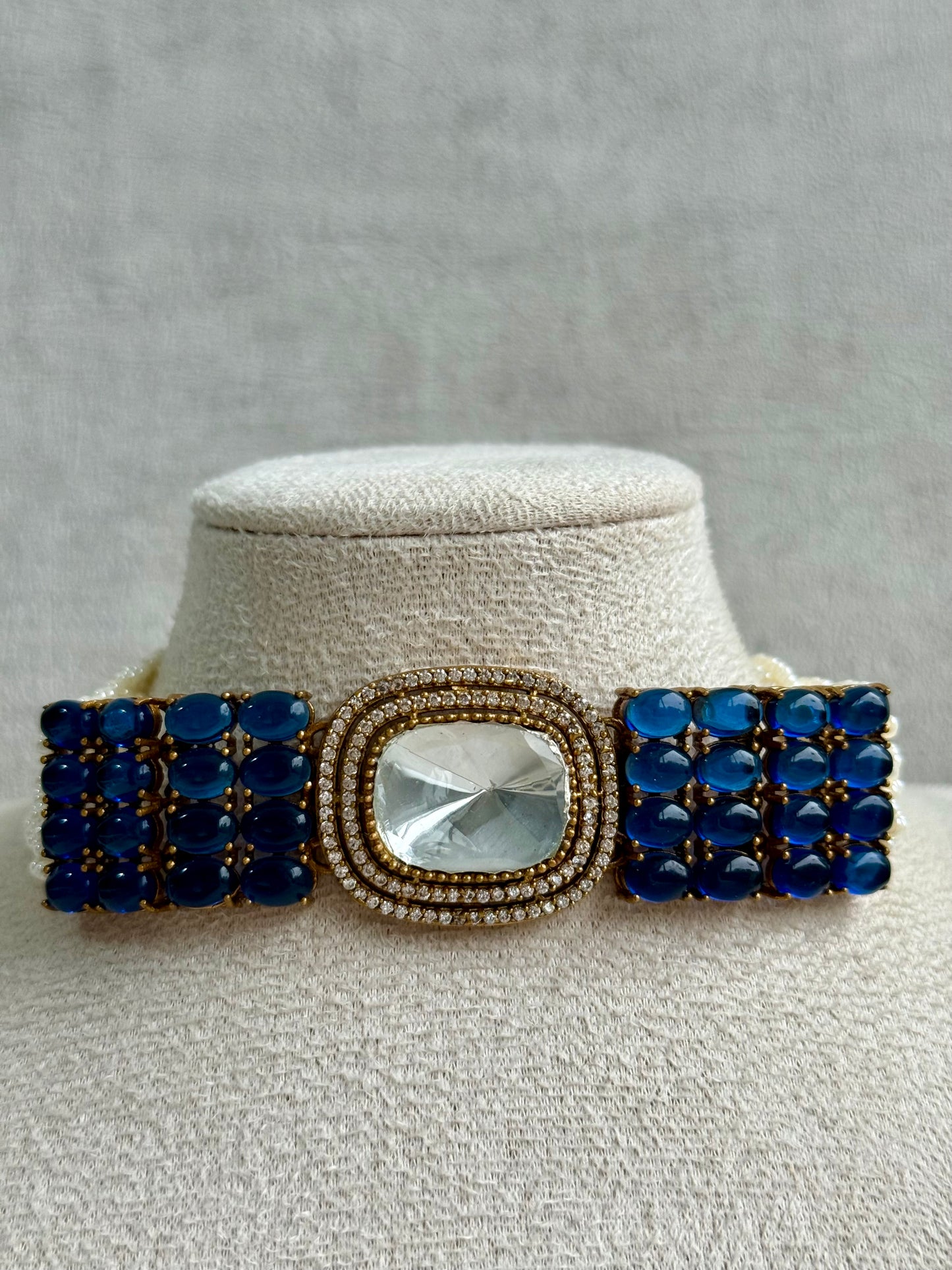Ayura Designs Emma Choker Set – Sapphire Blue Gemstone Choker & Studs with Mirror-Cut Centrepiece, Pearl Strands & Crystal Borders