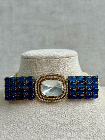 Ayura Designs Emma Choker Set – Sapphire Blue Gemstone Choker & Studs with Mirror-Cut Centrepiece, Pearl Strands & Crystal Borders