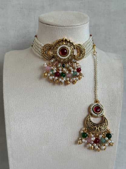 Ayura Designs Mehr Choker Set with Earrings & Tikka – Multicolour Beads, Ruby Pink Centre Stones, Pearl Strands & Antique Gold Finish