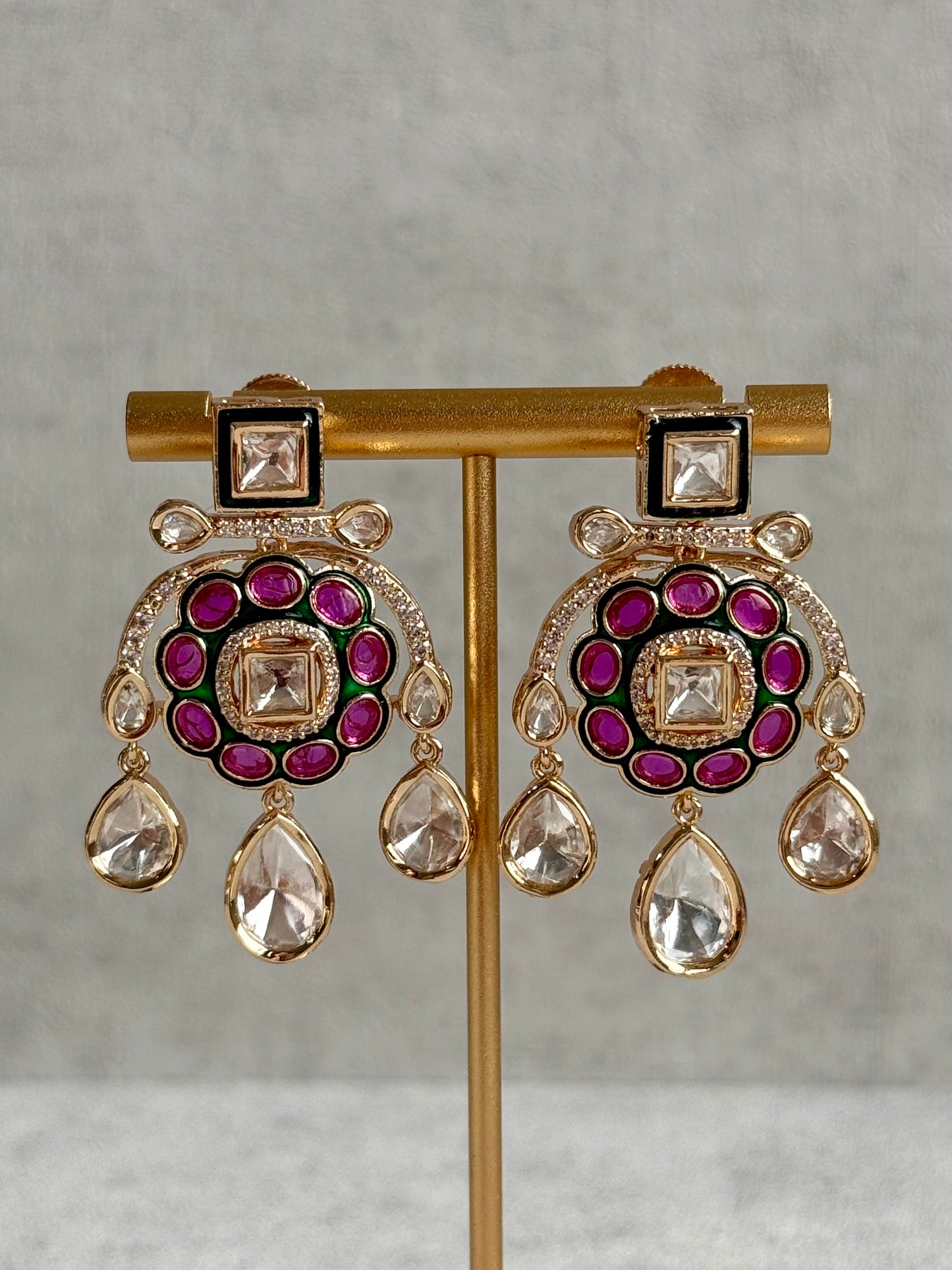 Ayura Designs Ishika Set – Kundan Necklace with Pink & Green Meenakari and Teardrop Crystals