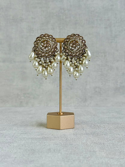 Ayura Designs Aynoor Petal Frame Earrings – Antique Gold Finish with Mirror-Cut Stones & Pearl Drops