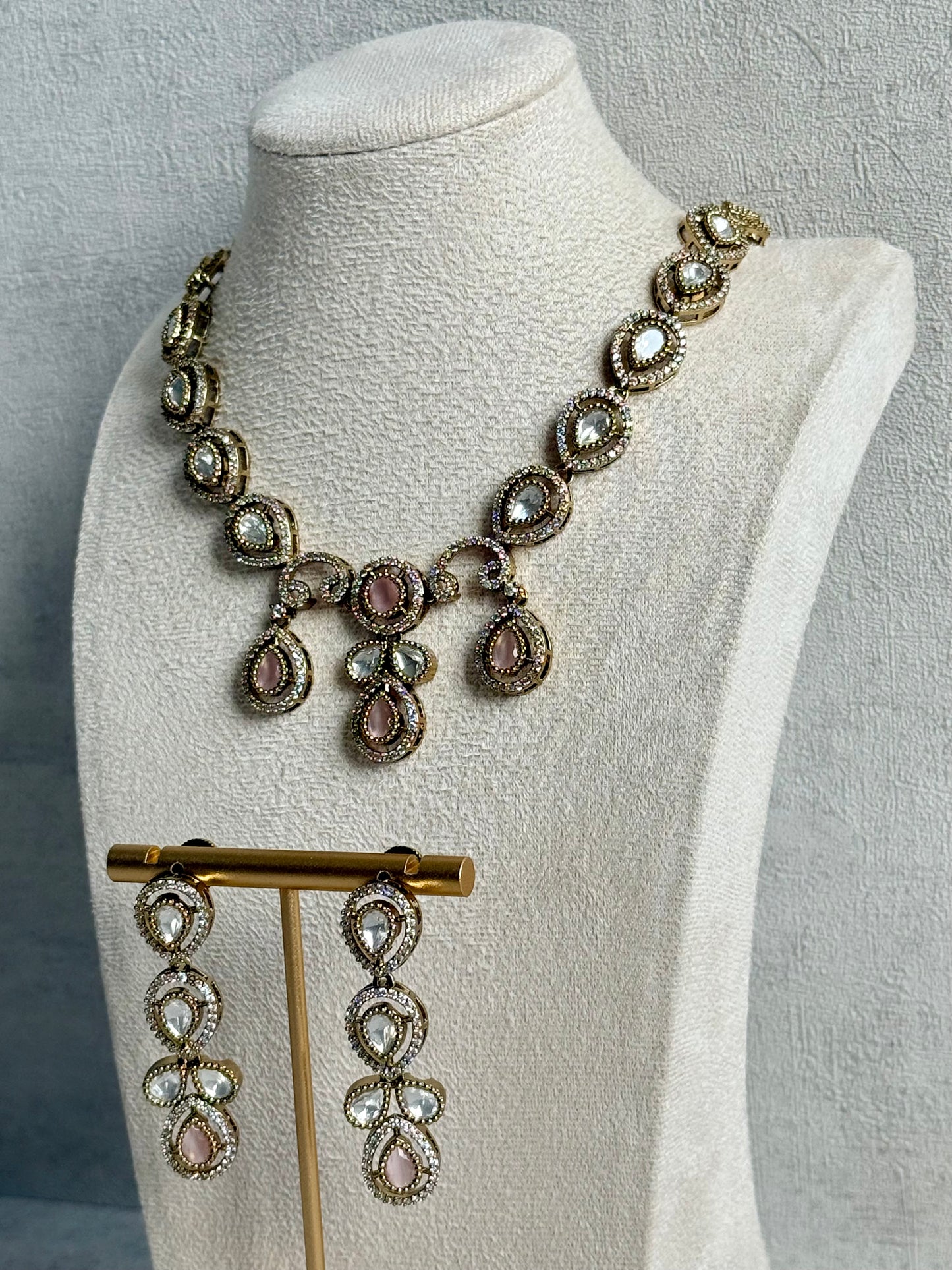 Ayura Designs Bianca Necklace Set with Earrings – Kundan, Blush Pink Stones, Crystals & Gold Finish