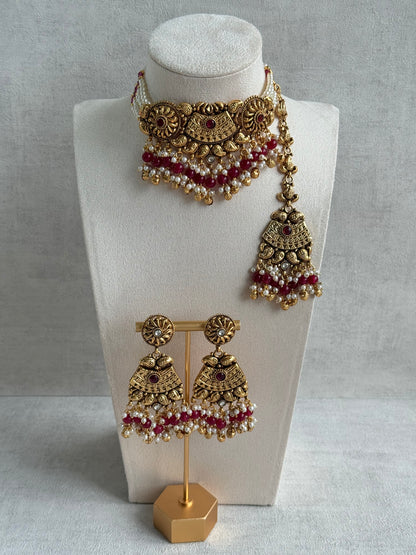 Ayura Designs Sairish Choker Set with Earrings & Tikka – Ruby Pink Beads, Pearl Detailing, Ghungroos, Paisley Motifs & Antique Gold Finish