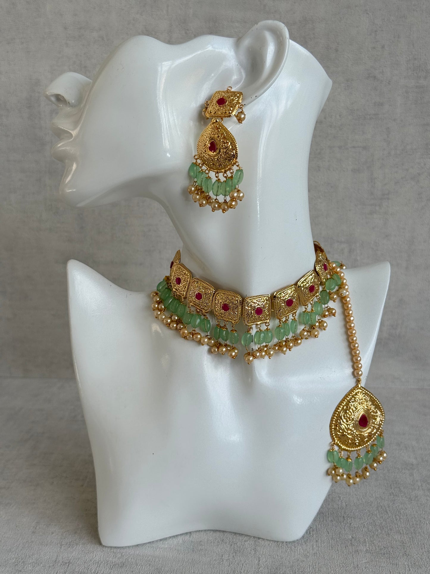 Ayura Designs Chetna Choker Set with Earrings & Tikka – Mint Green Beads, Cream Pearl Drops with Pipal Patti Detailing