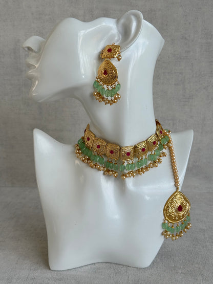 Ayura Designs Chetna Choker Set with Earrings & Tikka – Mint Green Beads, Cream Pearl Drops with Pipal Patti Detailing