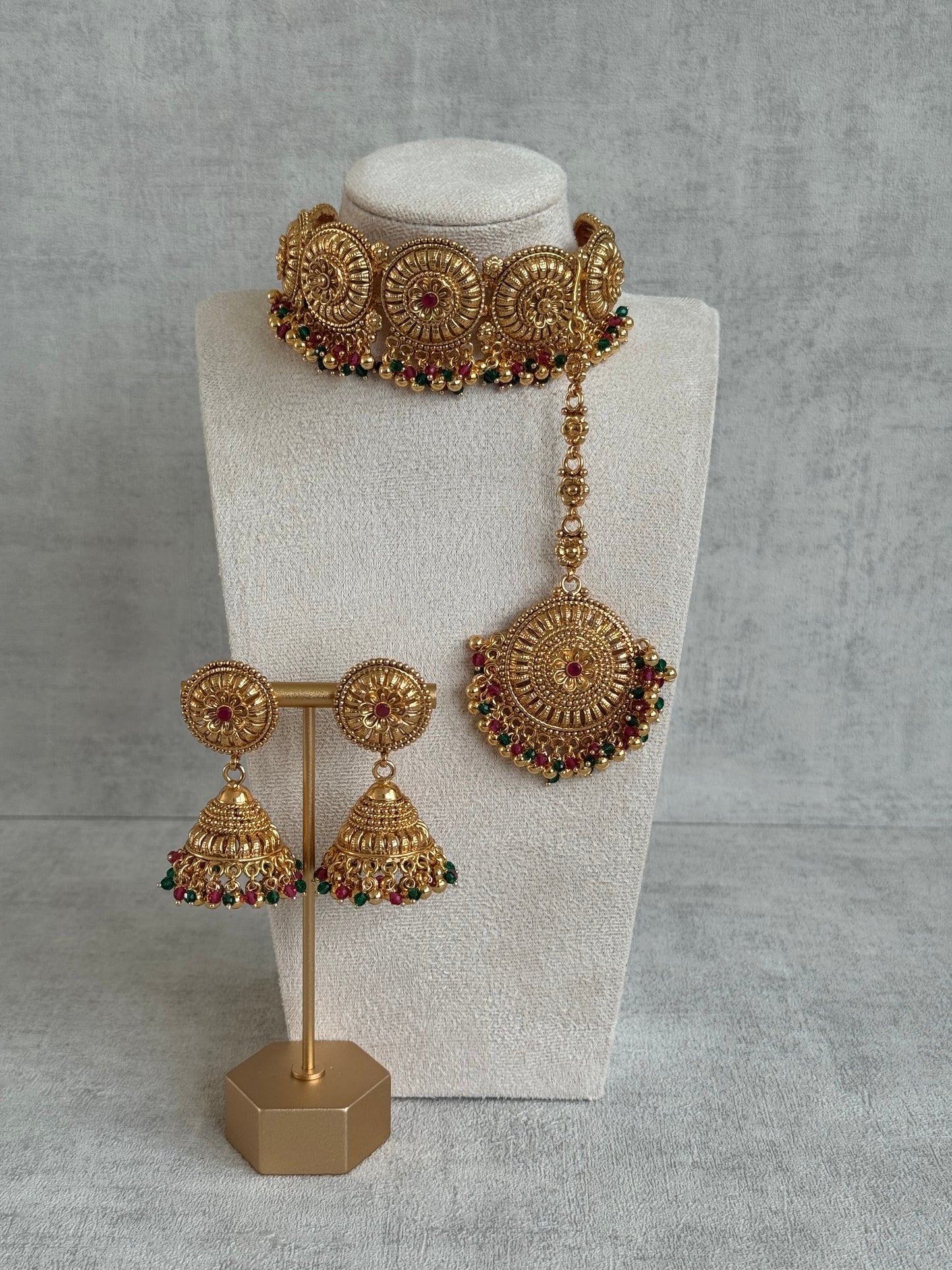 Ayura Designs Nooriya Choker Set with Jhumkis & Tikka – Antique Gold with Ruby, Emerald & Pearl Detailing