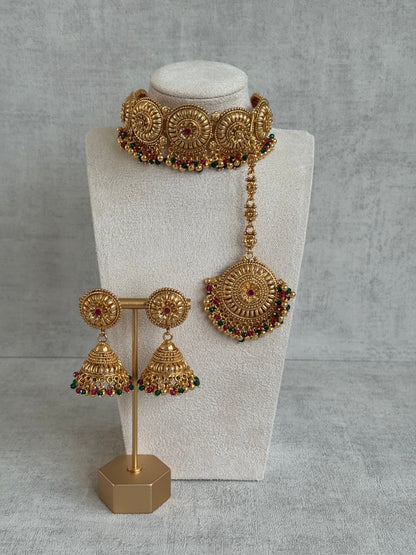 Ayura Designs Nooriya Choker Set with Jhumkis & Tikka – Antique Gold with Ruby, Emerald & Pearl Detailing