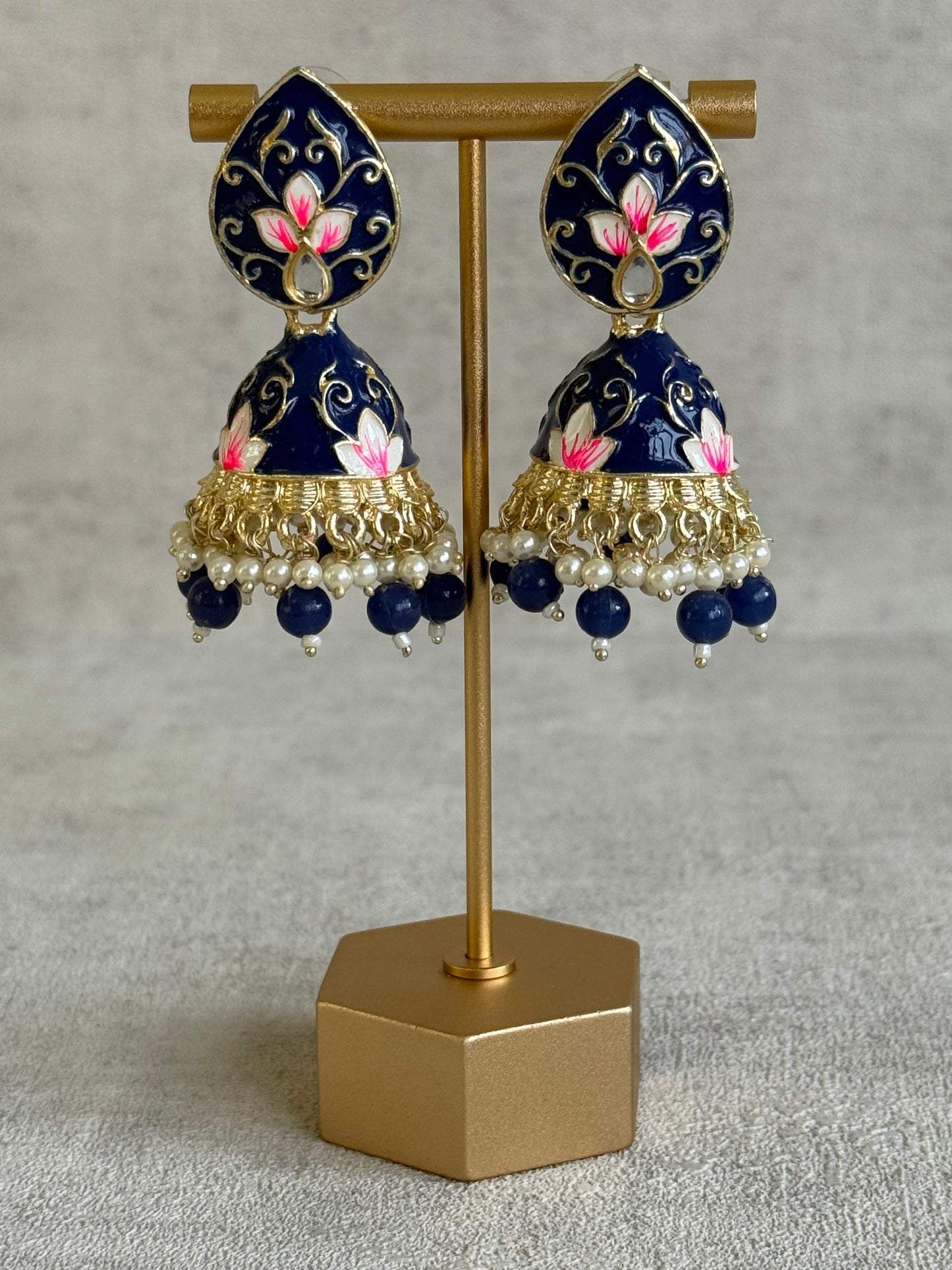 Ayura Designs Gia Jhumkis – Midnight Blue Meenakari with Pink Lotus Motifs & Ivory Pearl Drops
