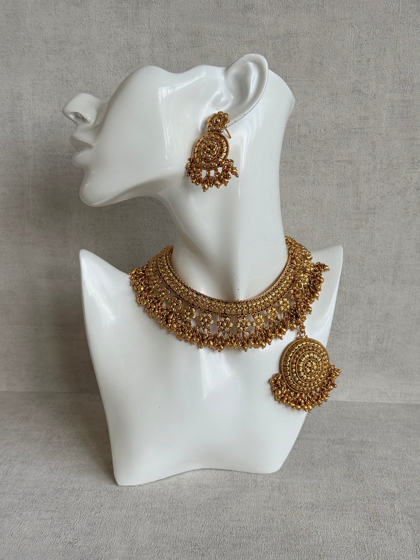 Ayura Designs Darya Necklace Set with Earrings & Tikka – Floral Antique Gold Statement Set with Ghungroo Detailing