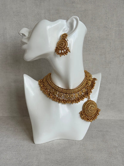 Ayura Designs Darya Necklace Set with Earrings & Tikka – Floral Antique Gold Statement Set with Ghungroo Detailing