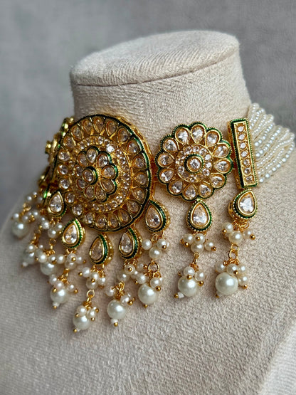 Ayura Designs Khusali Set – Necklace & Earrings with Kundan Stones, Green Enamel, and Pearl Detailing