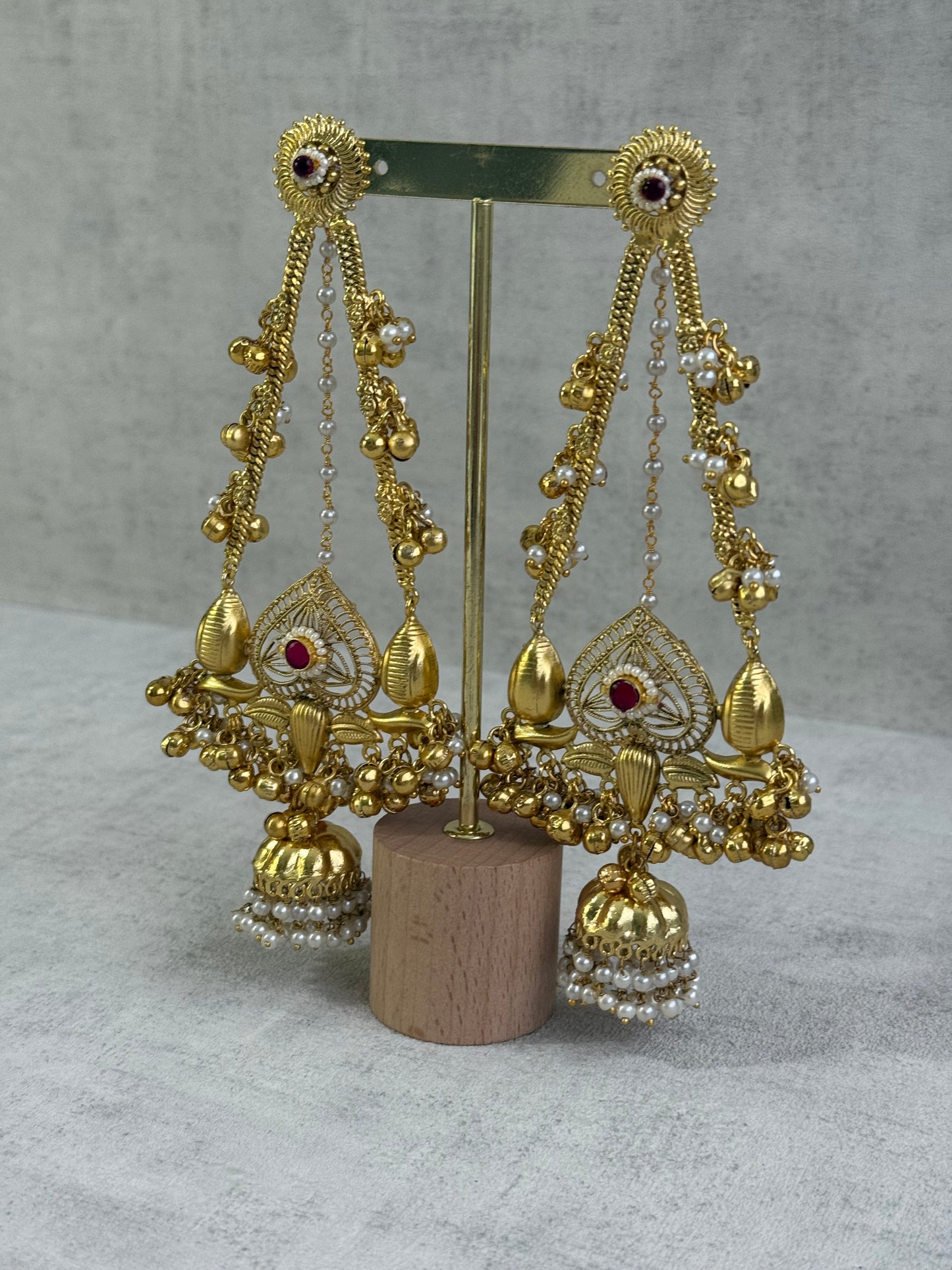 Ayura Designs Teja Earrings – Antique Gold Jhumkis with Ruby Stone & Pearl Detailing