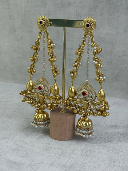 Ayura Designs Teja Earrings – Antique Gold Jhumkis with Ruby Stone & Pearl Detailing