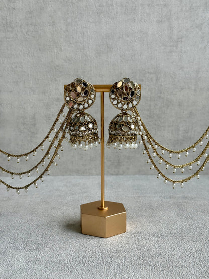 Ayura Designs Aaina Jhumkis – Antique Gold Mirror-Cut Dome Earrings with Detachable Pearl Sahare