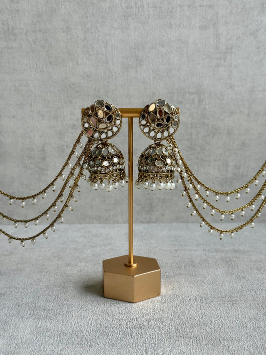 Ayura Designs Aaina Jhumkis – Antique Gold Mirror-Cut Dome Earrings with Detachable Pearl Sahare