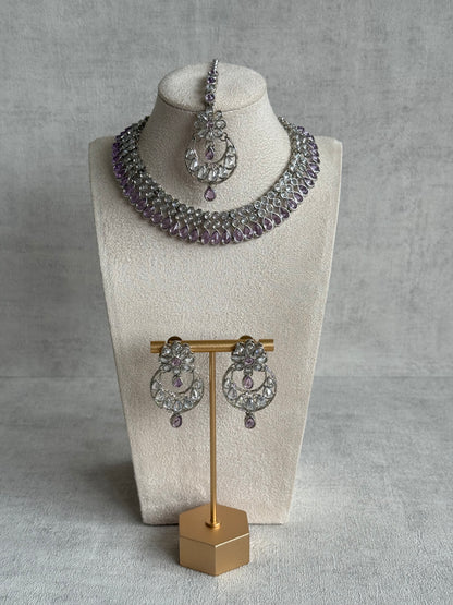 Ayura Designs Qirat Set with Earrings & Tikka – Soft Lilac Stones, Mirror-Cut Detailing & Silver Finish