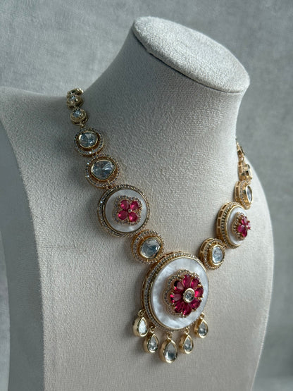 Ayura Designs Wisah Set – Necklace & Earrings with Mother of Pearl, Ruby Pink Stones & Mirror-Cut Detailing