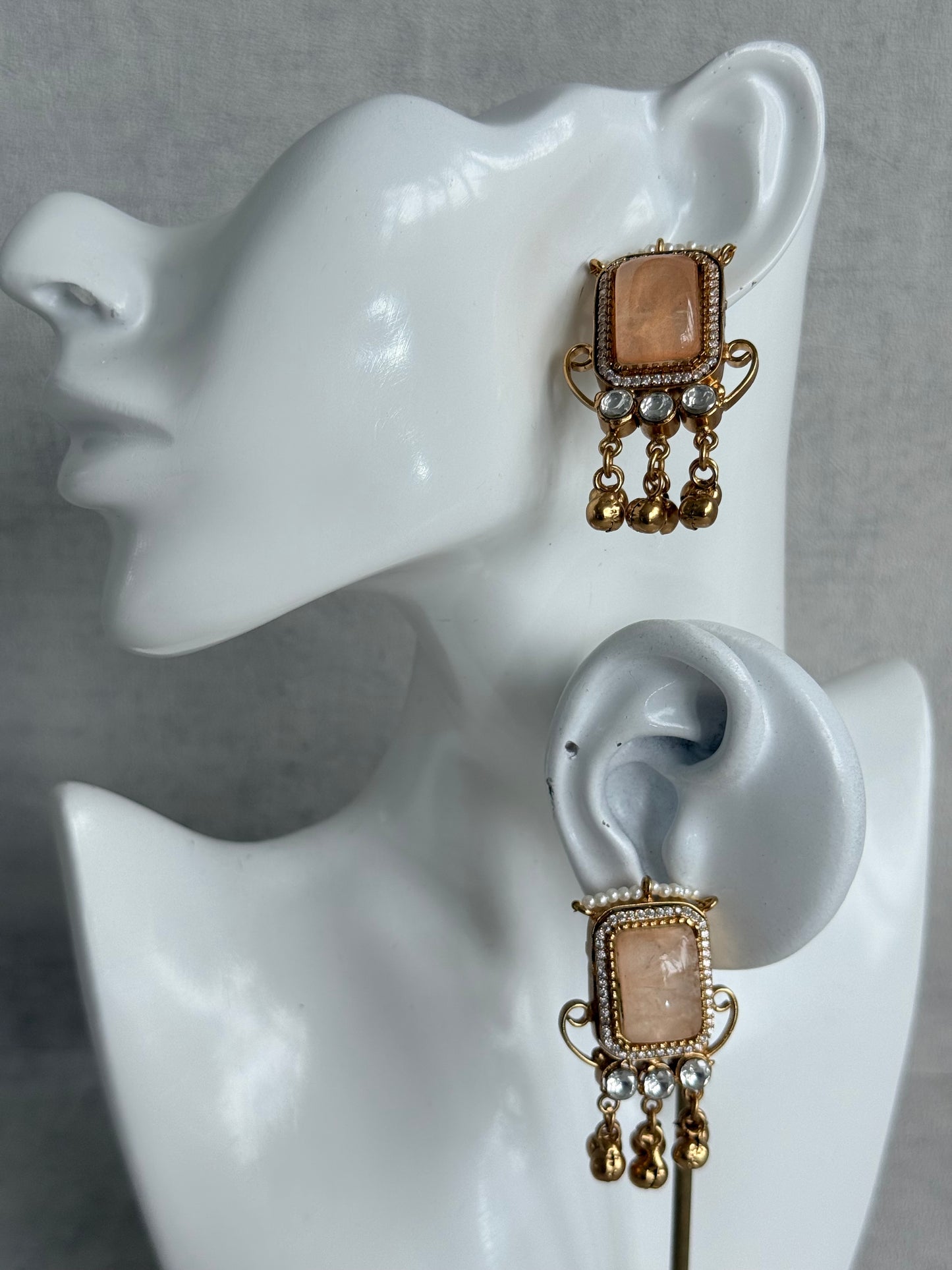Ayura Designs Aleena Earrings – Champagne Stone Stud Earrings with Pearls & Ghungroo Detailing