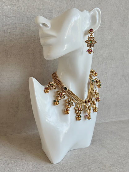 Ayura Designs Daksha Necklace Set with Earrings – Gold Layered Chain Necklace with Ruby Pink & Emerald Green Kundan Floral Motifs